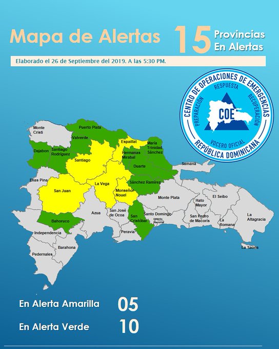 COE mantiene 5 provincias alerta amarilla y 10 en verde por aguaceros 5 EFbcjp2WsAE3XJ5