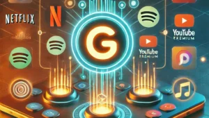 A vibrant and inviting digital promotional image showcasing the concept of shared premium subscriptions for platforms like Netflix Spotify and YouTu